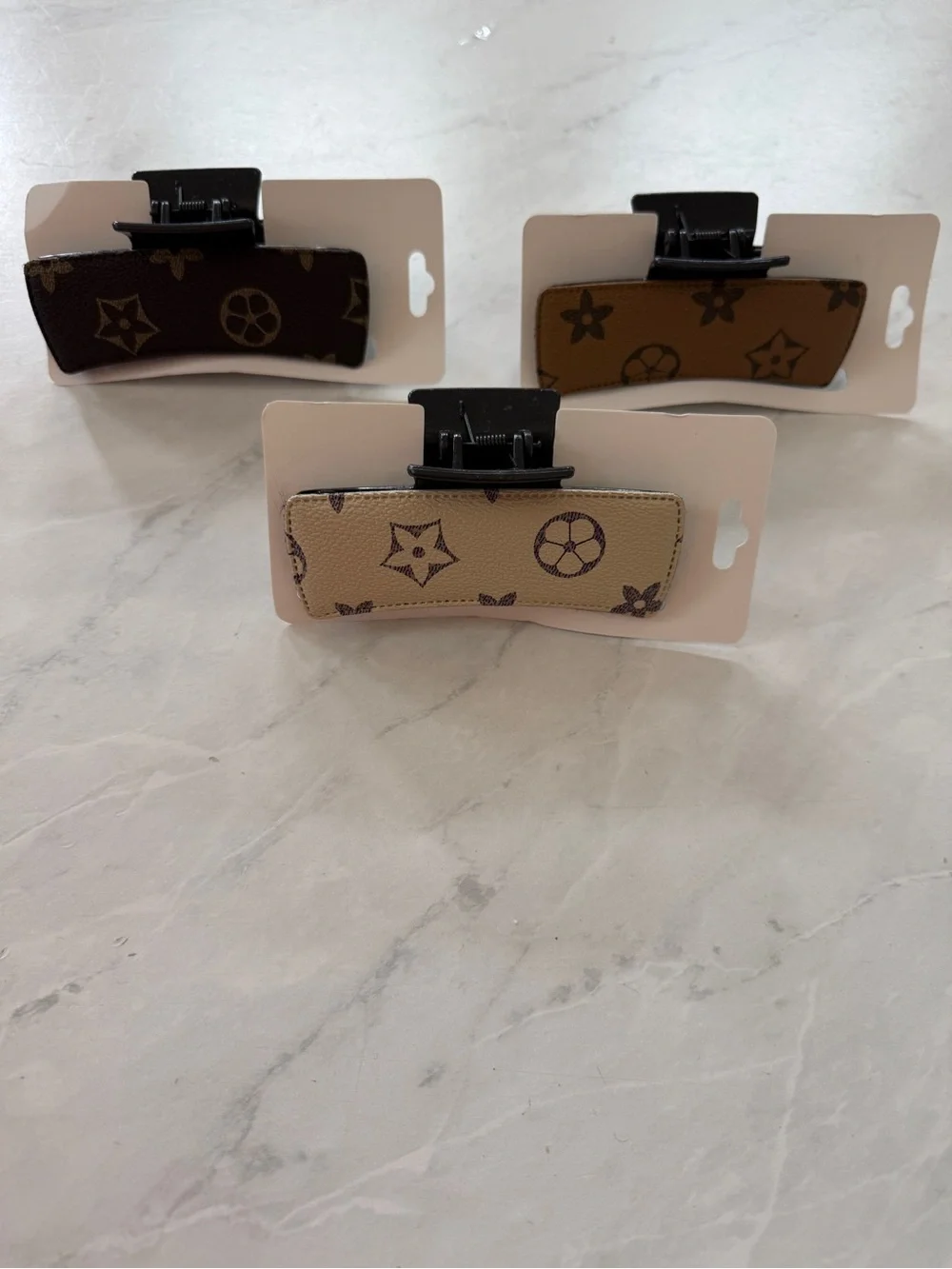 Set of 3 Novelty Monogram Print Padded Hair Claw Clips (Brown/Beige/Tan) - New
